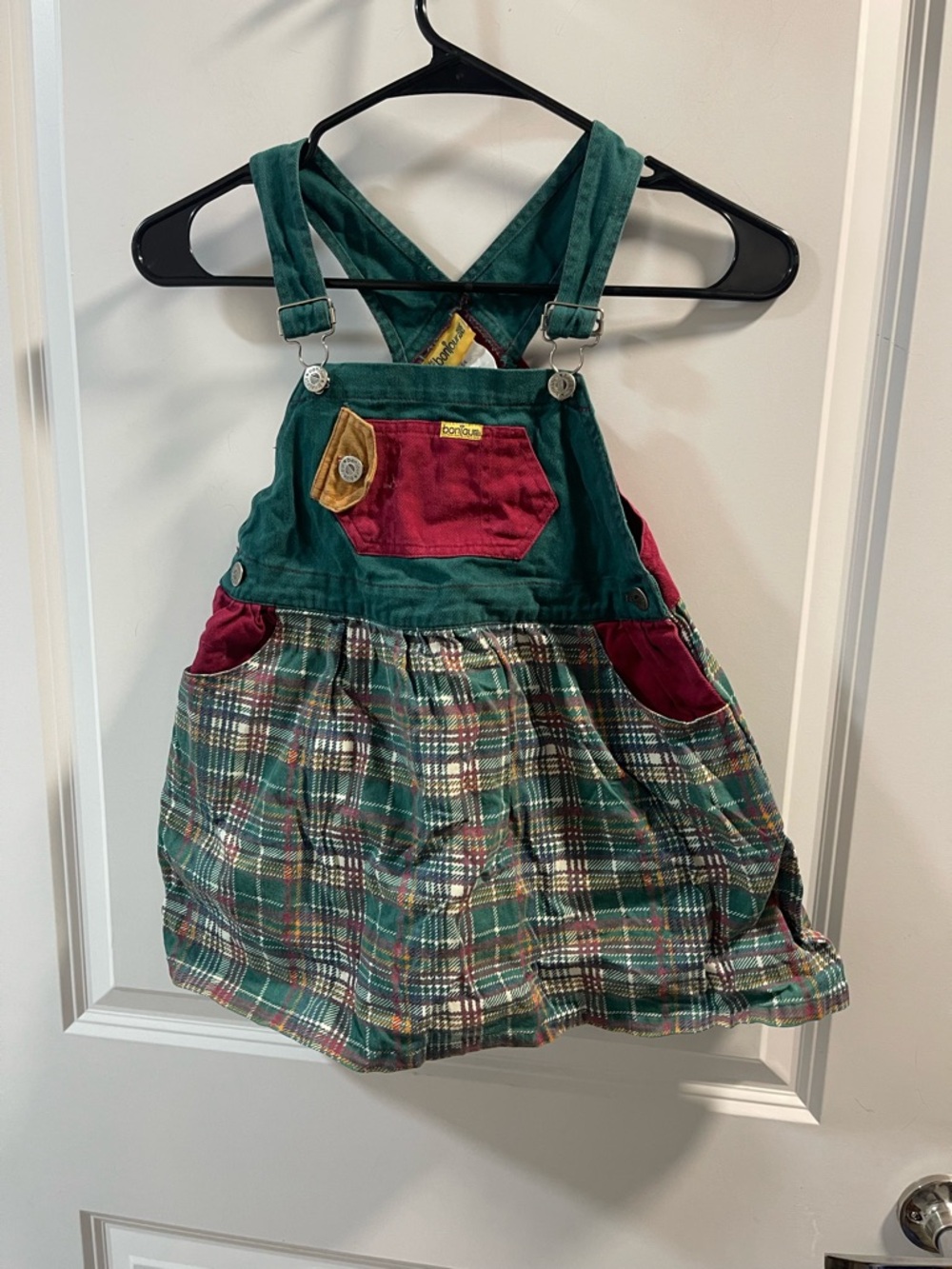 BonJour Green Plaid Kids Overall Dress with Red Pocket Accents